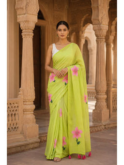 AMRUTKALA SAREES - Green Designer Linen Print Saree with Unstitched Blouse