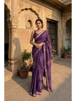 AMRUTKALA SAREES - Purple Designer Linen Printed Saree with Unstitched Blouse