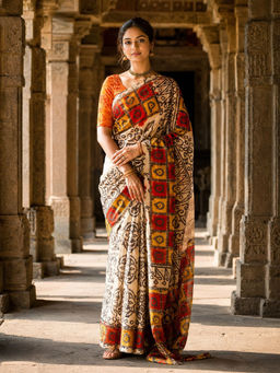 AMRUTKALA SAREES - Beige Designer Linen Printed Saree with Unstitched Blouse