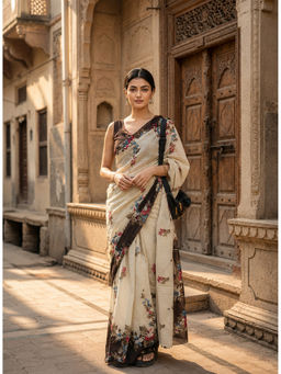 AMRUTKALA SAREES - Off White Designer Linen Floral Saree with Unstitched Blouse