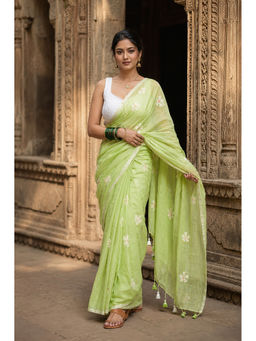 AMRUTKALA SAREES - Green Designer Linen Floral Saree with Unstitched Blouse