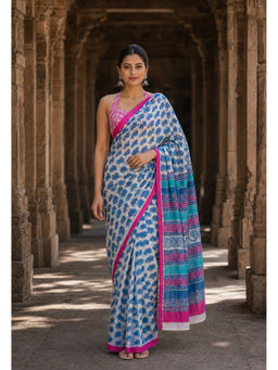 AMRUTKALA SAREES - Blue Designer Floral Saree with Unstitched Blouse