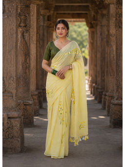AMRUTKALA SAREES - Yellow Designer Linen Floral Saree with Unstitched Blouse