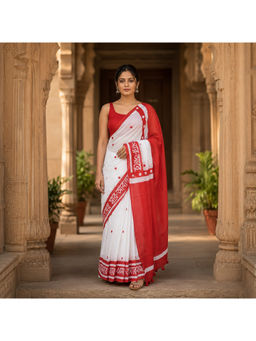 AMRUTKALA SAREES - Printed White Designer Linen Saree with Unstitched Blouse