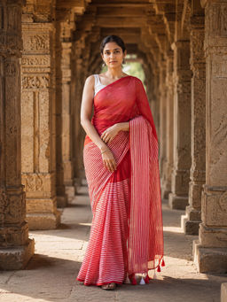 AMRUTKALA SAREES - Red Designer Linen Stripes Saree with Unstitched Blouse