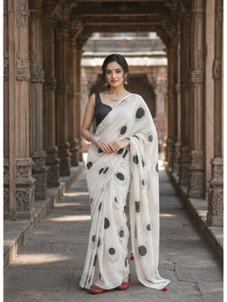 AMRUTKALA SAREES - White Designer Linen Printed Saree with Unstitched Blouse