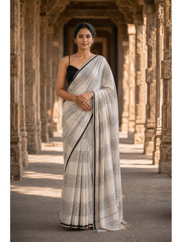 AMRUTKALA SAREES - Beige Designer Linen Checks Saree with Unstitched Blouse