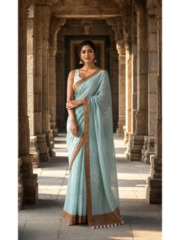 AMRUTKALA SAREES - Blue Designer Linen Floral Saree with Unstitched Blouse