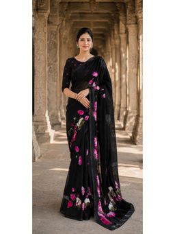 AMRUTKALA SAREES - Black Floral Print Designer Linen Saree with Unstitched Blouse