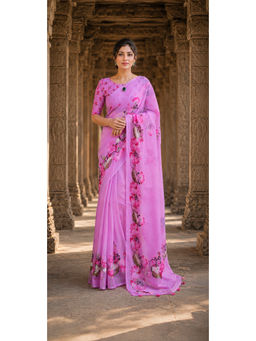 AMRUTKALA SAREES - Pink Designer Linen Floral Saree with Unstitched Blouse