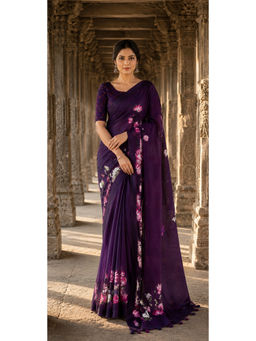 AMRUTKALA SAREES - Purple Designer Linen Floral Print Saree with Unstitched Blouse