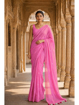 AMRUTKALA SAREES - Pink Printed Designer Linen Saree with Unstitched Blouse