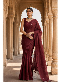 AMRUTKALA SAREES - Maroon Designer Linen Printed Saree with Unstitched Blouse
