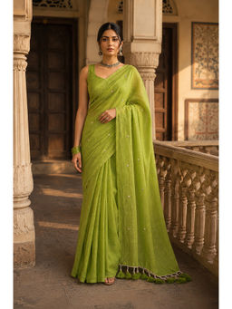 AMRUTKALA SAREES - Green Designer Linen Saree with Unstitched Blouse