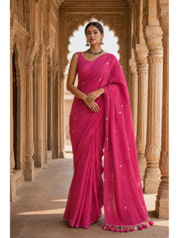 AMRUTKALA SAREES - Designer Linen Printed Pink Saree with Unstitched Blouse