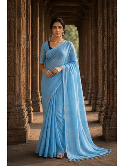 AMRUTKALA SAREES - Blue Linen Printed Saree with Unstitched Blouse