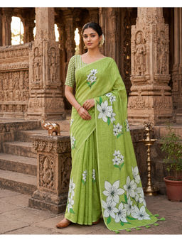 AMRUTKALA SAREES - Green Designer Linen Floral Printed Saree with Unstitched Blouse