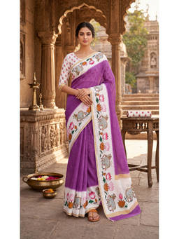 AMRUTKALA SAREES - Purple Floral Designer Linen Saree with Unstitched Blouse