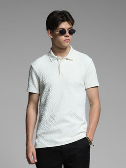 Jack & Jones - Beige Textured Polo T-Shirt