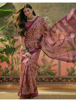 SATRANI - Peach Khadi Printed Saree with Unstitched Blouse