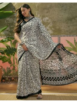 SATRANI - White Khadi Printed Saree with Unstitched Blouse