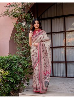 SATRANI - Beige Silk Printed Saree with Unstitched Blouse