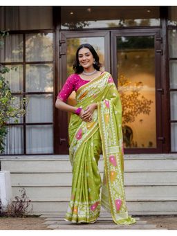 SATRANI - Green Silk Printed Saree with Unstitched Blouse