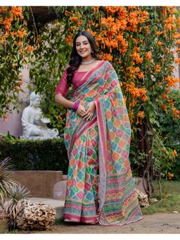 SATRANI - Multi-Color Linen Printed Bandhani Saree with Unstitched Blouse