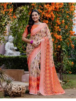 SATRANI - Peach Linen Printed Leheriya Saree with Unstitched Blouse