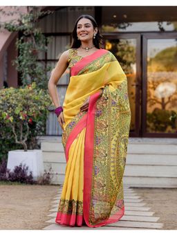 SATRANI - Yellow Silk Printed Saree with Unstitched Blouse