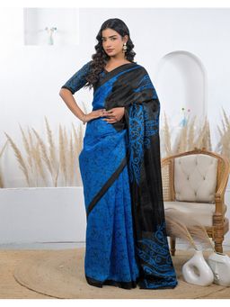 SATRANI - Blue Khadi Printed Saree with Unstitched Blouse