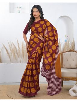 SATRANI - Maroon Khadi Polka Dots Printed Saree with Unstitched Blouse