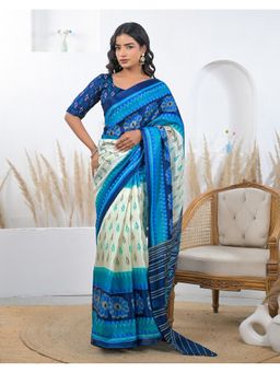 SATRANI - Blue Khadi Printed Saree with Unstitched Blouse