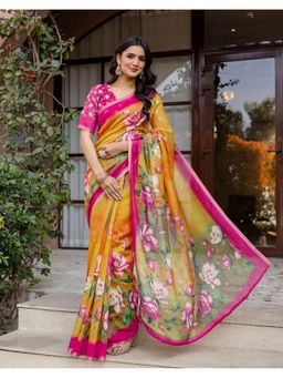 SATRANI - Mustard Linen Printed Floral Saree with Unstitched Blouse