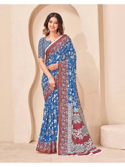 SATRANI - Blue Silk Floral Printed Saree with Unstitched Blouse