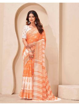 SATRANI - Orange Linen Printed Leheriya Saree with Unstitched Blouse