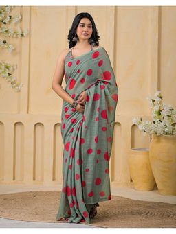 SATRANI - Green Linen Polka Dots Printed Saree with Unstitched Blouse