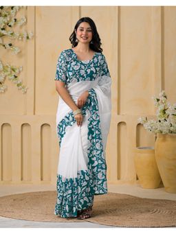 SATRANI - White Linen Floral Printed Saree with Unstitched Blouse