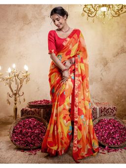 SATRANI - Orange Georgette Printed Zari Saree with Unstitched Blouse
