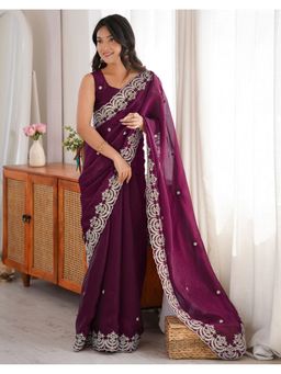 SATRANI - Wine Tissue Embroidered Saree with Unstitched Blouse