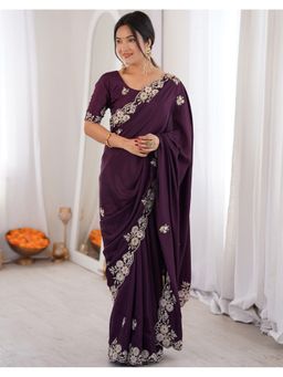 SATRANI - Purple Crepe Embellished Embroidered Saree with Unstitched Blouse