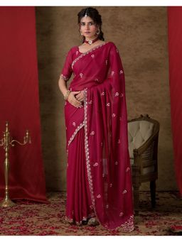 SATRANI - Magenta Georgette Floral Embroidered Saree with Unstitched Blouse