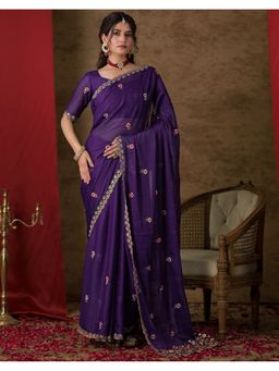 SATRANI - Purple Georgette Floral Embroidered Saree with Unstitched Blouse