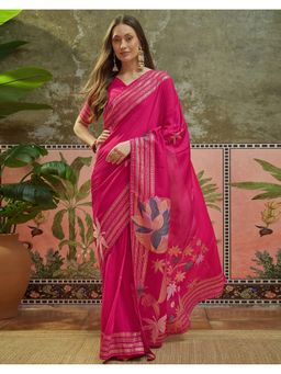 SATRANI - Magenta Silk Floral Tassels Saree with Unstitched Blouse