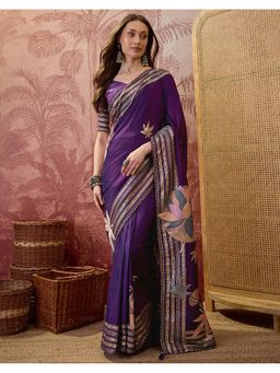 SATRANI - Purple Silk Floral Tassels Saree with Unstitched Blouse