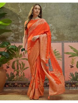 SATRANI - Orange Silk Floral Tassels Saree with Unstitched Blouse
