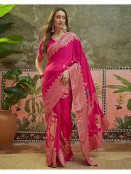 SATRANI - Magenta Silk Floral Tassels Saree with Unstitched Blouse