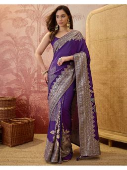 SATRANI - Purple Silk Floral Tassels Saree with Unstitched Blouse