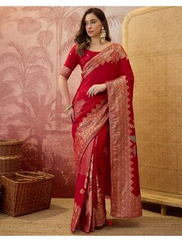 SATRANI - Red Silk Floral Tassels Saree with Unstitched Blouse