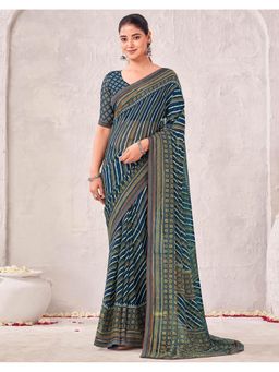 SATRANI - Blue Georgette Stripes Printed Saree with Unstitched Blouse